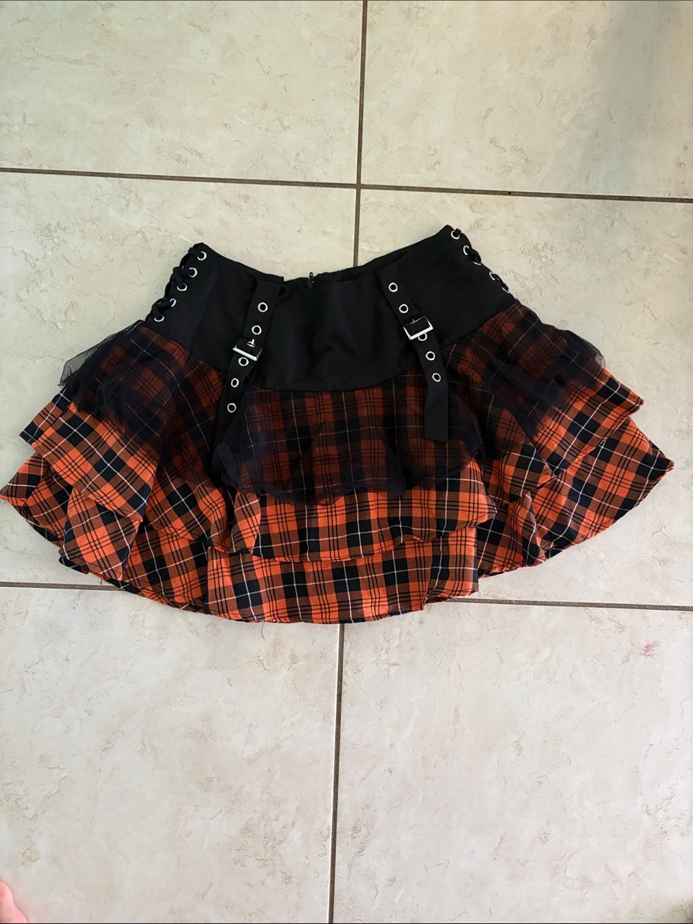 Social collision Black & Orange Plaid Mini Skirt with Buckle Detail